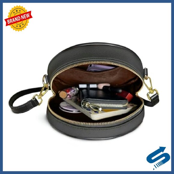 Premium Vegan Leather Circle Crossbody Bag Adjustable Strap Zipper Closure - Picture 4 of 6